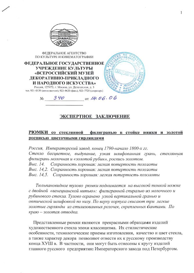 (С экспертизой) Рюмка с филигранью и росписью цветочными гирляндами. 
Россия, Императорский завод, конец 1790 – начало 1800.
